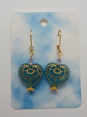 Translucent Teal & Gold Glass Heart Bead Earrings